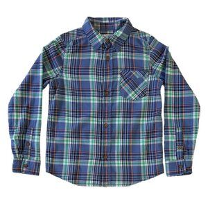 Sonoma Boys Plaid Long Sleeve Button Shirt Blue SZ 7X Pocket Collar Green